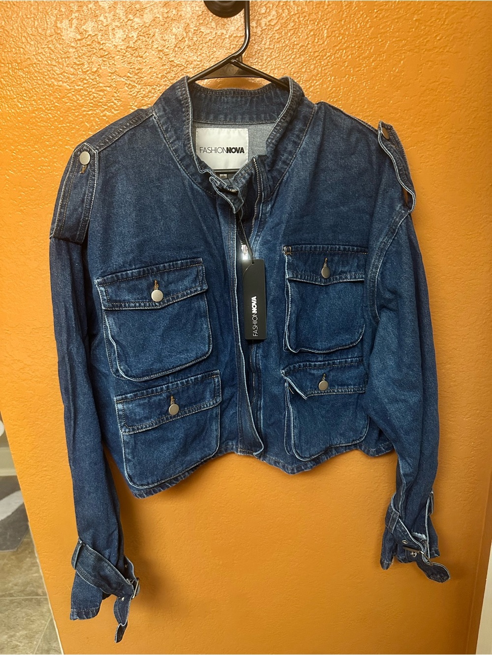 Fashion Nova Medium Wash Cropped Cargo Denim Jacket